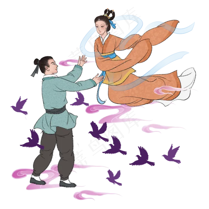 七夕鹊桥牛郎织女,免抠元素