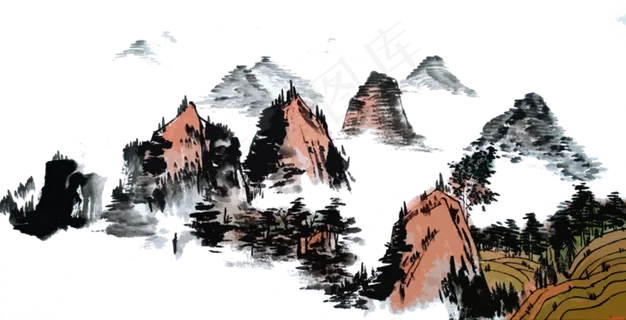 水墨山水国画棕色PNG风景,免抠元素