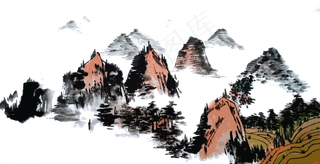 水墨山水国画棕色PNG风景,免抠元素