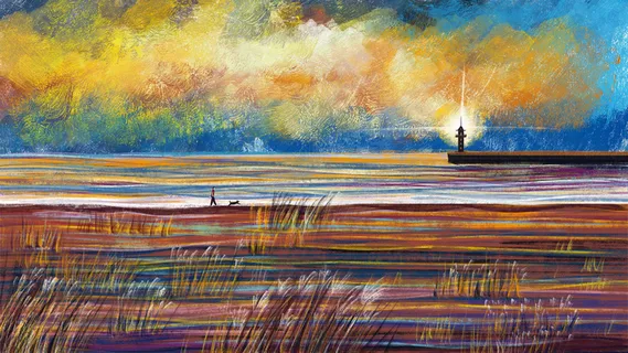 海边散步灯塔风景油画