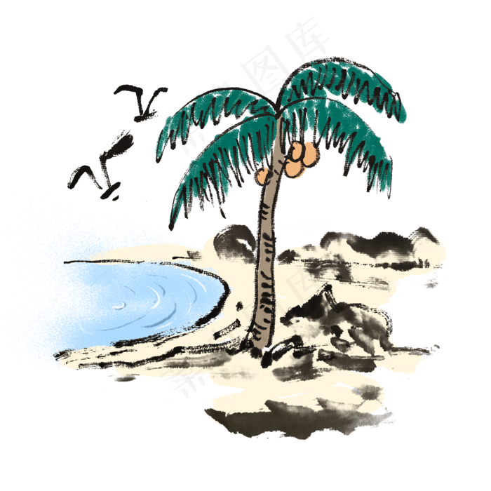 夏天椰子树水墨手绘插画