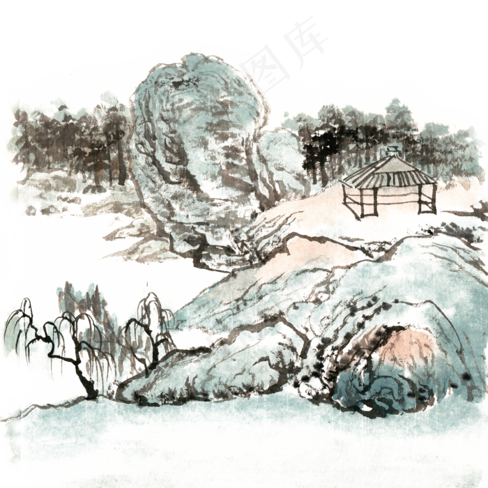 水墨画亭台山水图