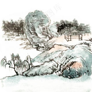 水墨画亭台山水图