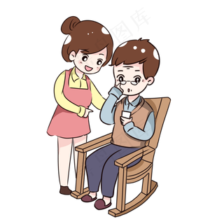 手绘卡通女儿教父亲用手机