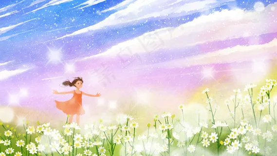 小女孩夏天在花海游玩