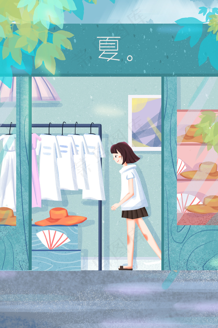 夏天夏季夏日夏景少女卡通小清新插画