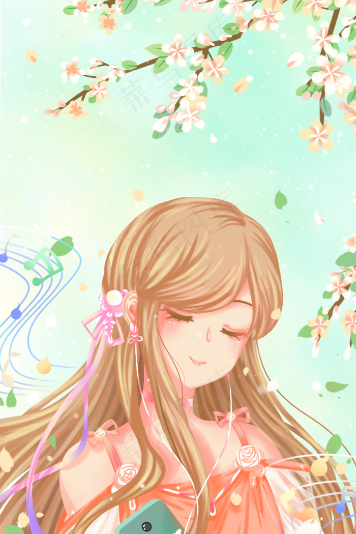 绿色唯美卡通春季听音乐的长发少女配图
