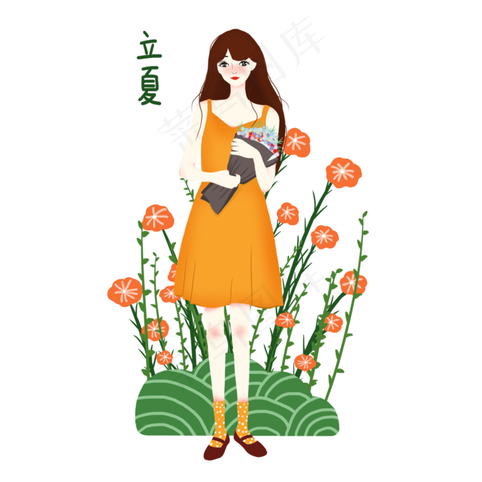 漂亮女孩摘花插画