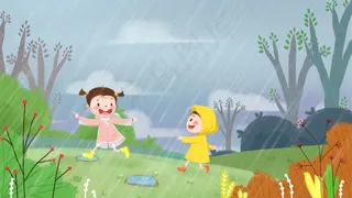 下雨天春游奔跑小女孩