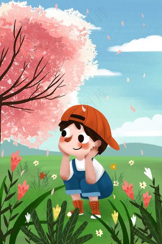 春天春季男孩踏青春游旅游樱花户外小清新