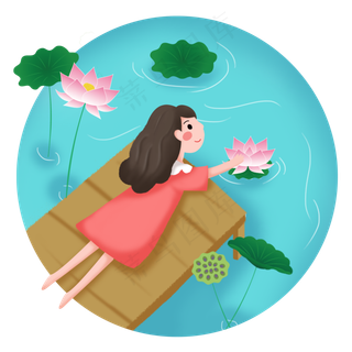 大暑女孩池塘荷花素材