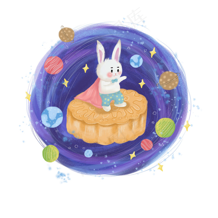 手绘中秋节玉兔月饼太空星球梦幻,免抠元素