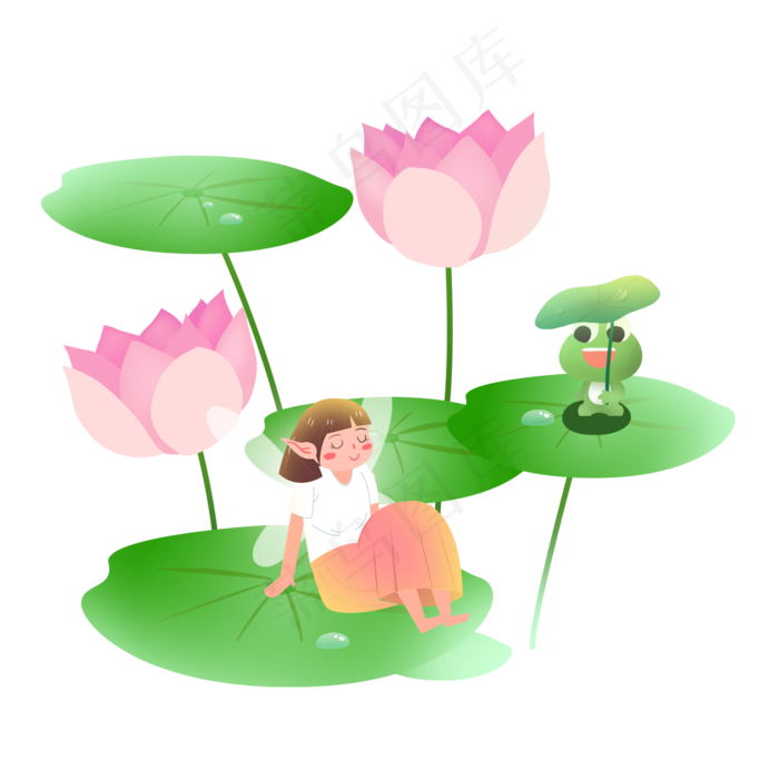 大暑荷花青蛙小精灵女孩素材