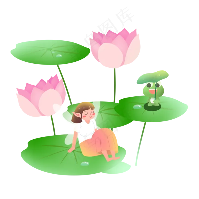 大暑荷花青蛙小精灵女孩素材(2000X2000(DPI:300))psd模版下载