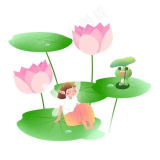 大暑荷花青蛙小精灵女孩素材