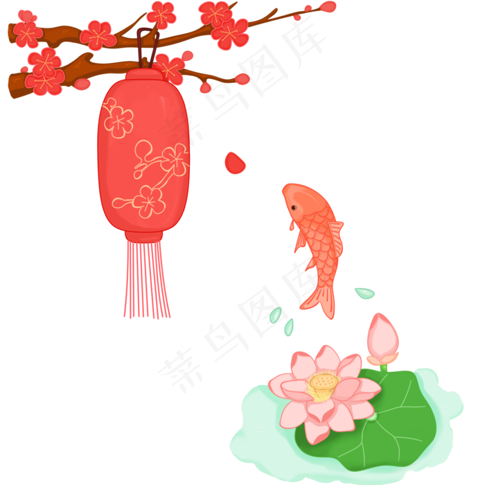 新年元素之莲花与鲤鱼、梅与灯笼(2000X2000(DPI:300))psd模版下载