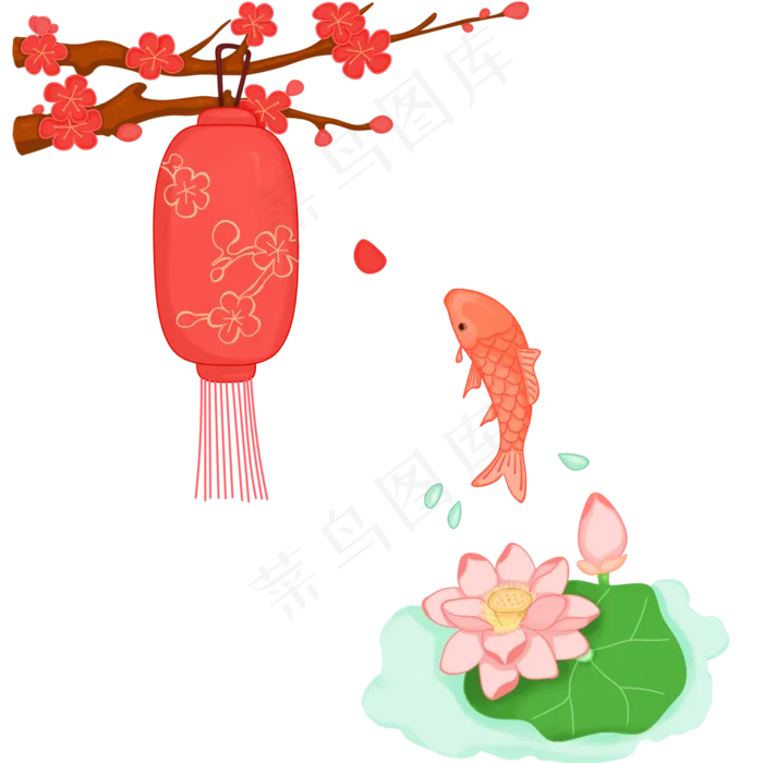 新年元素之莲花与鲤鱼、梅与灯笼(2000X2000(DPI:300))psd模版下载