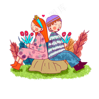 卡通风格情侣踏青出游