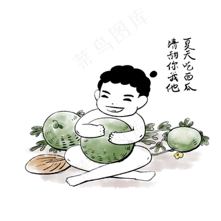 夏天避暑手绘元素吃西瓜