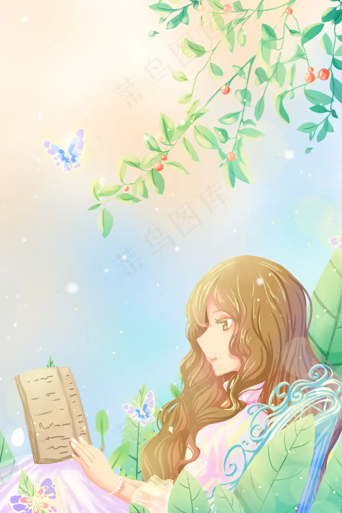 绿色暖色调唯美卡通春季春日春读书日配图(3545*5315px 300 dpi )psd模版下载