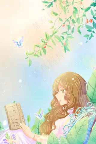 绿色暖色调唯美卡通春季春日春读书日配图