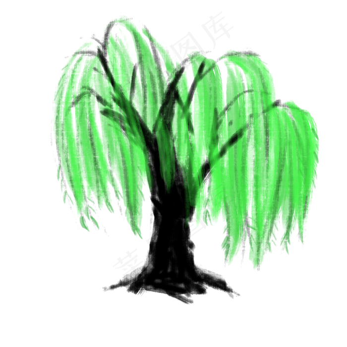 植物古风水墨柳树装饰图案PNG