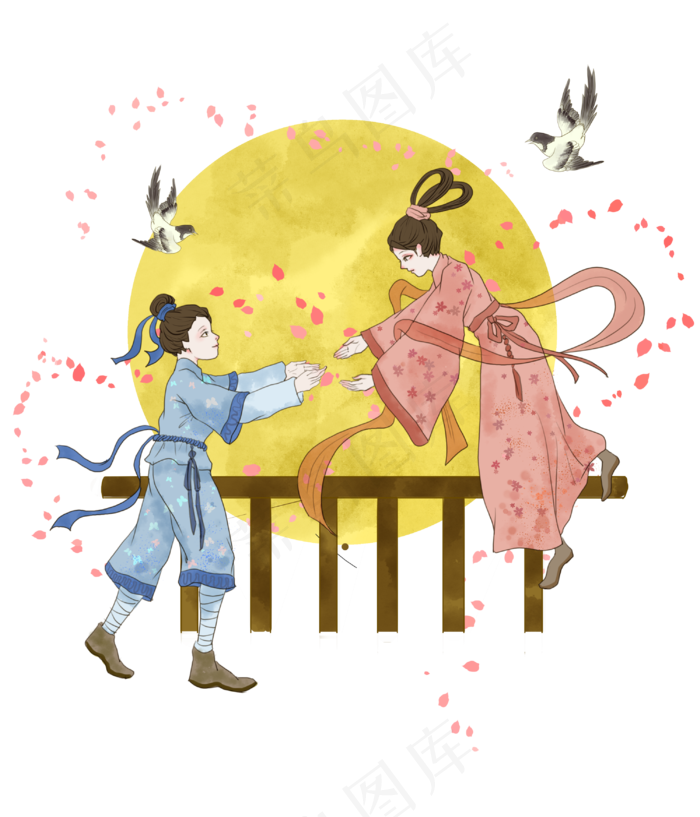 七夕情人节牛郎织女鹊桥相会,免抠元素