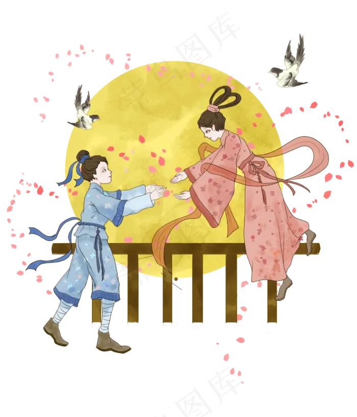 七夕情人节牛郎织女鹊桥相会,免抠元素