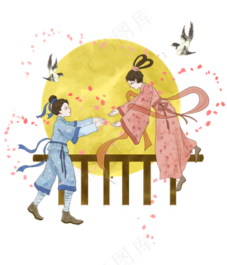 七夕情人节牛郎织女鹊桥相会,免抠元素