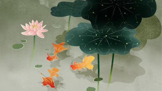 国潮水墨工笔画金鱼池塘