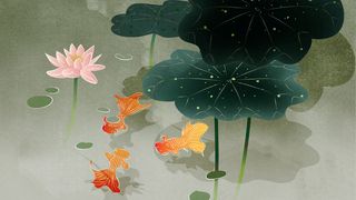 国潮水墨工笔画金鱼池塘