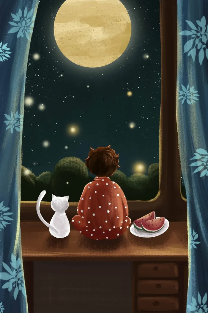 夏天夏季夜晚男孩看风景星空小清新(3545*5315px 300 dpi )psd模版下载