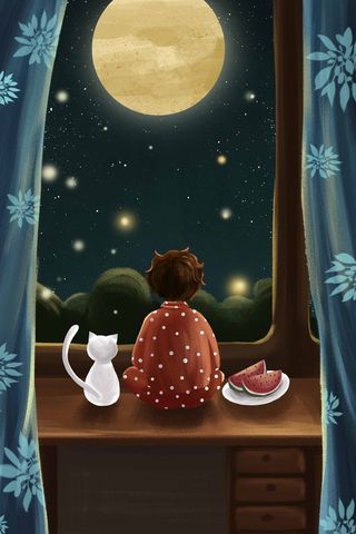 夏天夏季夜晚男孩看风景星空小清新