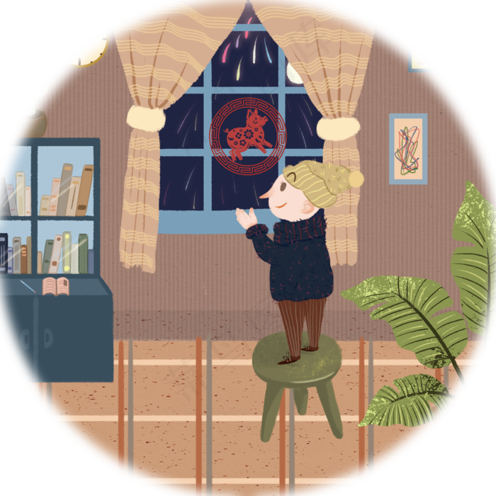 元宵节夜景趴在窗台上赏烟花,免抠元素