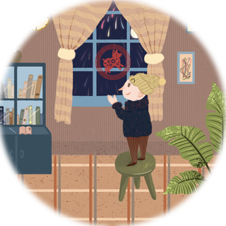 元宵节夜景趴在窗台上赏烟花,免抠元素