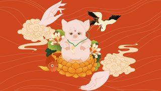 佛系国潮仙鹤小猪