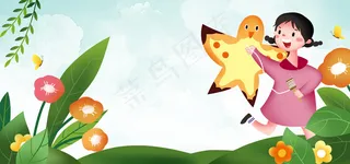春分节气可爱清新卡通女孩banner