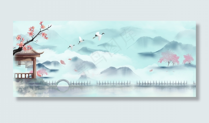 简约山水廊桥唯美背景