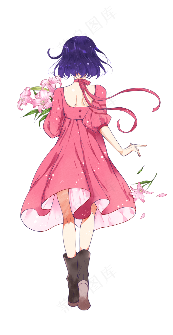 手绘小清新捧花女孩背影