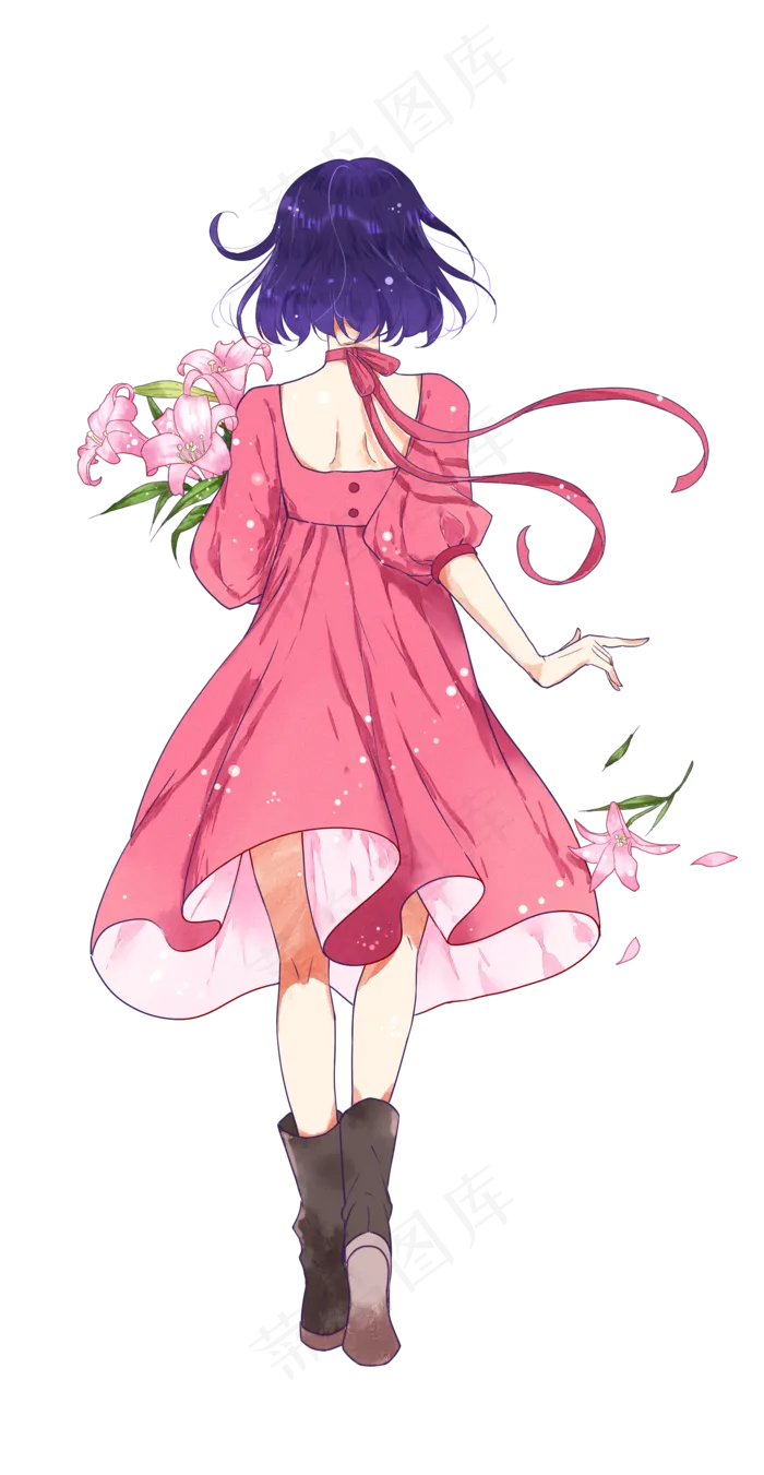手绘小清新捧花女孩背影