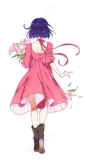 手绘小清新捧花女孩背影