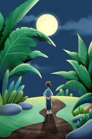 蓝色系卡通手绘风夏景夏至夜晚月光配图