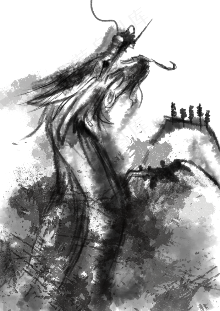 水墨中国龙画手绘png,免抠元素
