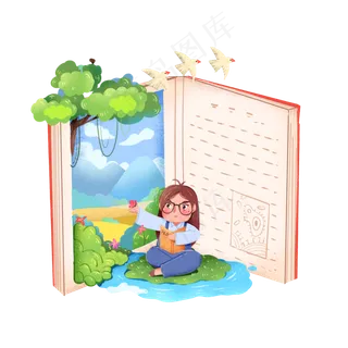 世界读书日手绘卡通看书女孩