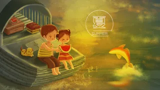 温暖系夏季风景河面小船兄妹吃西瓜玩耍配图