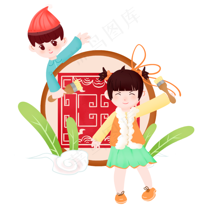 新年传统习俗手绘插画,免抠元素