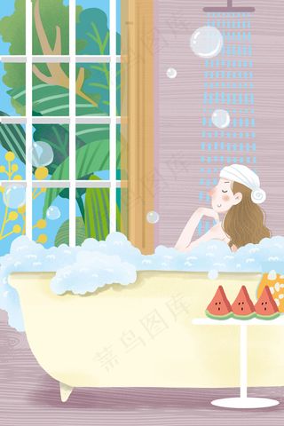 卡通手绘风立夏夏季冲凉配图