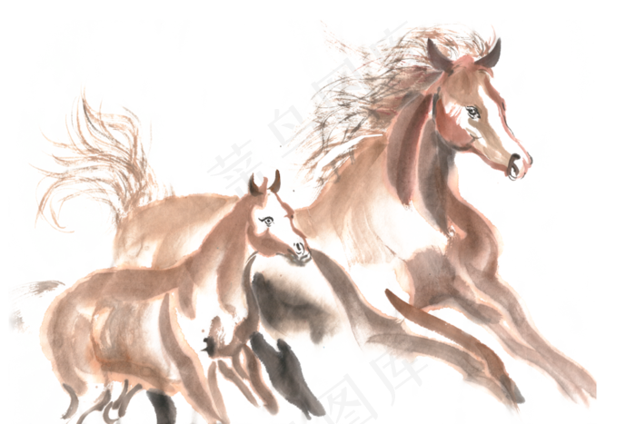 母马与小马水墨画PNG免抠素材