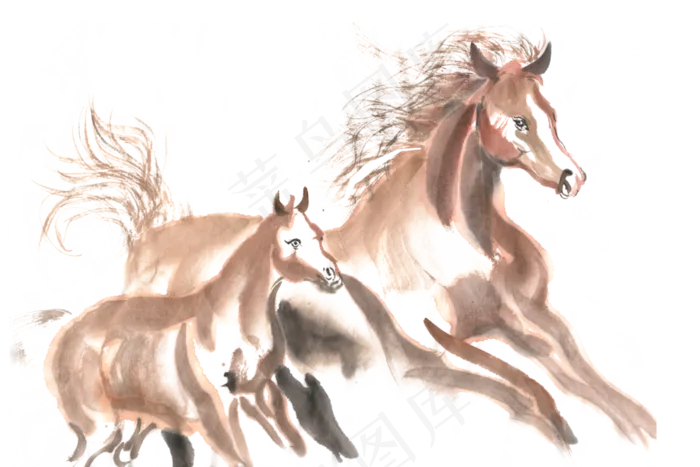 母马与小马水墨画PNG免抠素材(3300*2200px 300 dpi )psd模版下载