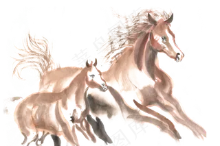 母马与小马水墨画PNG免抠素材